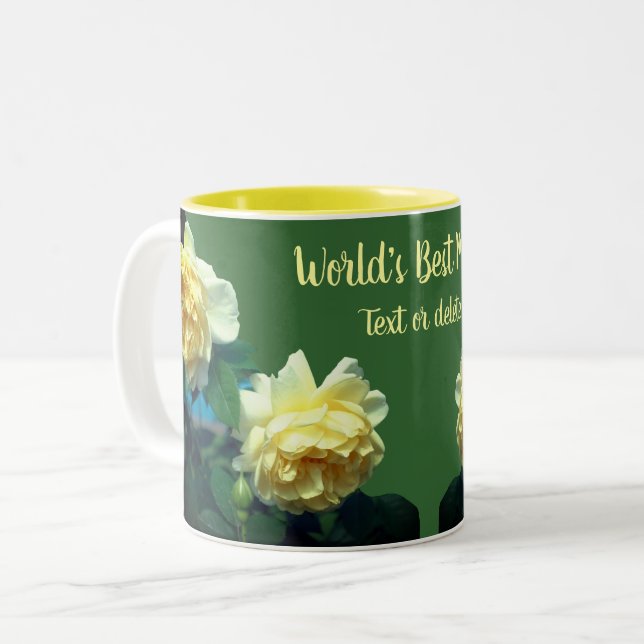 World's Best Mom Yellow Roses Floral Personalized Two-Tone Coffee Mug (Front Left)