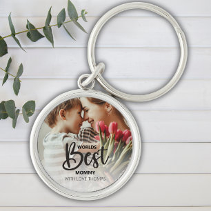 Worlds Best Mommy Photo with White Writing Keychain