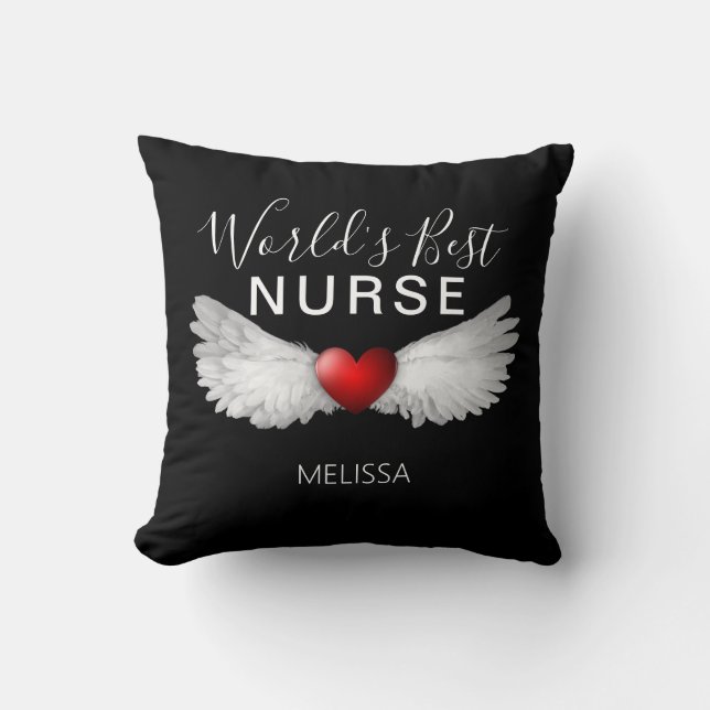 World's Best Nurse Medical Red Heart Angel Wings Throw Pillow (Front)