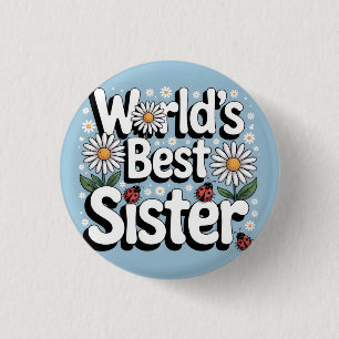 World's Best Sister Graphic: Retro Daisy & Ladybug 1 Inch Round Button