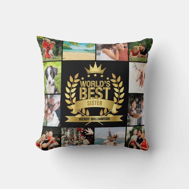 World's Best Sister Photo Collage Gold Black Throw Pillow (Front)