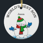 World's Best Son Snowman Christmas   Ceramic Ornament<br><div class="desc">World's Best Son Snowman Christmas Ceramic Ornament with the year on the back.  This ornament design has a cute snowman on a blue snowflake background.    Change the text to daughter,  grand son ,  nephew,  uncle ,  wife or any special person  in your life.</div>