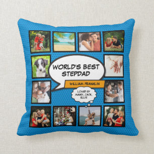 World's Best Stepfather, Stepdad 12 Photo Blue Fun Throw Pillow