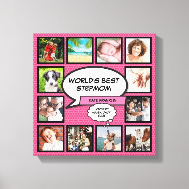 Worlds Best Stepmom 12 Photo Pink Fun Canvas Print (Front)