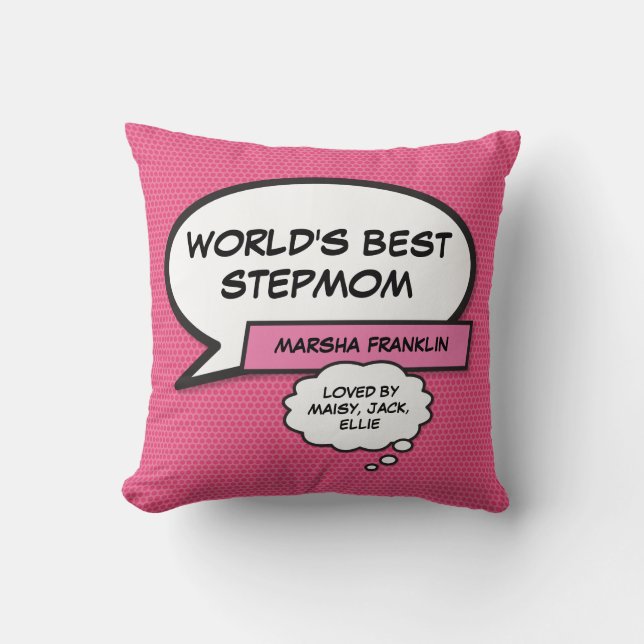 Worlds Best Stepmom Bonus Mom Pink Fun Throw Pillow (Front)