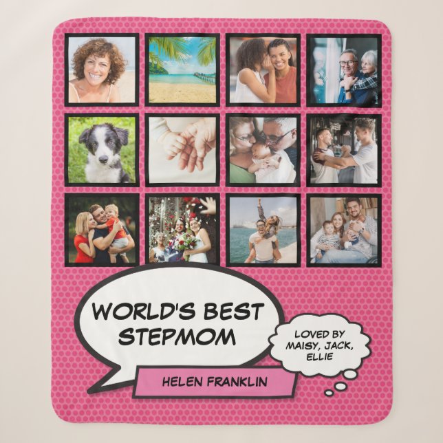 Worlds Best Stepmom Pink Photo Collage Fun Modern Sherpa Blanket (Front)