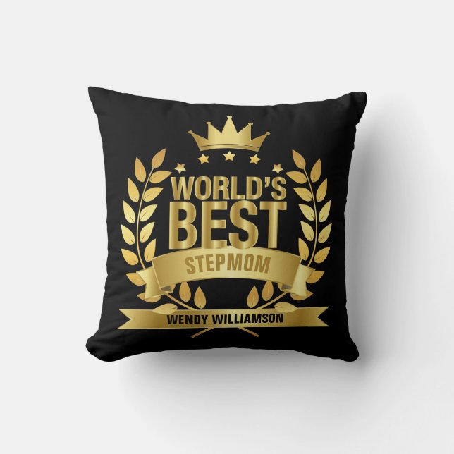 World's Best Stepmom Stepmother Bonus Mom Black Throw Pillow (Front)