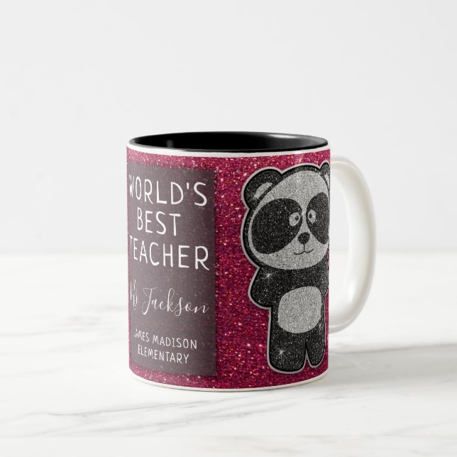 World's Best Teacher Black and White Panda Glitter Two-Tone Coffee Mug (Front Right)