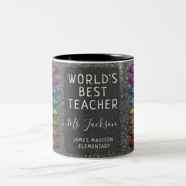 World's Best Teacher Class Rainbow Glitter Crayons Two-Tone Coffee Mug (Center)