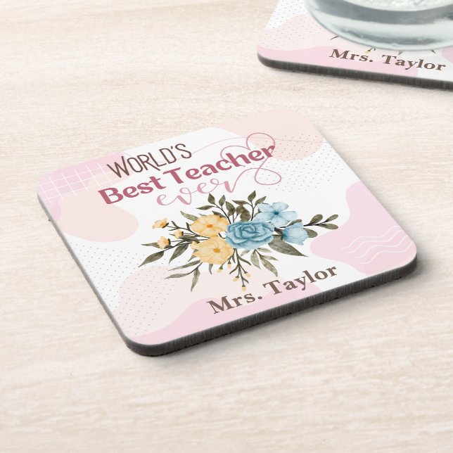 World's Best Teacher Ever Floral Personalized Coaster (Left Side)