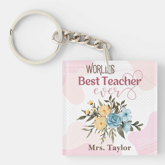 World's Best Teacher Ever Floral Personalized Keychain (Front)