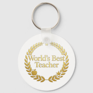 World's Best Teacher Gold Laurel Wreath Wall Clock Keychain