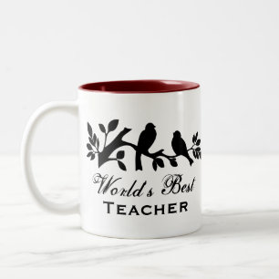 World's Best Teacher sparrows silhouette branch Two-Tone Coffee Mug