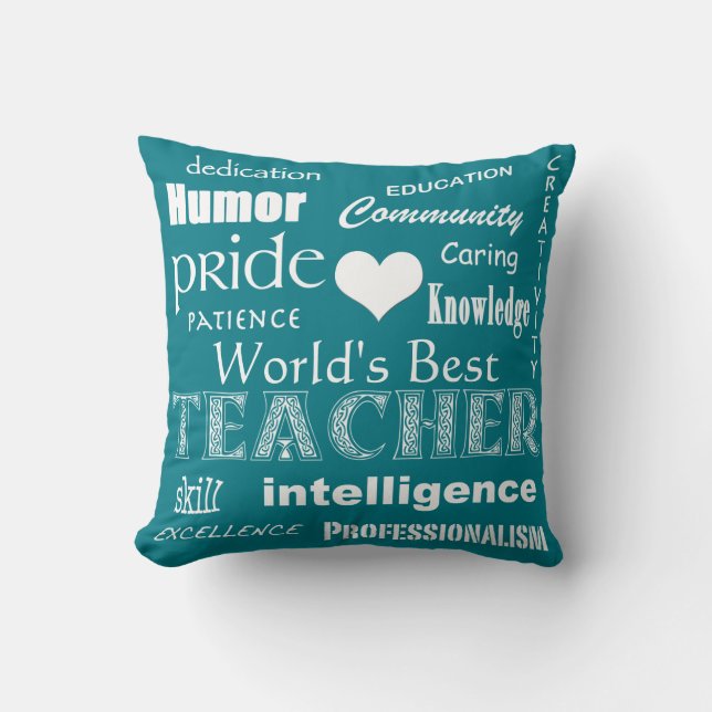 World's Best Teacher-White Heart+Customizable Throw Pillow (Front)
