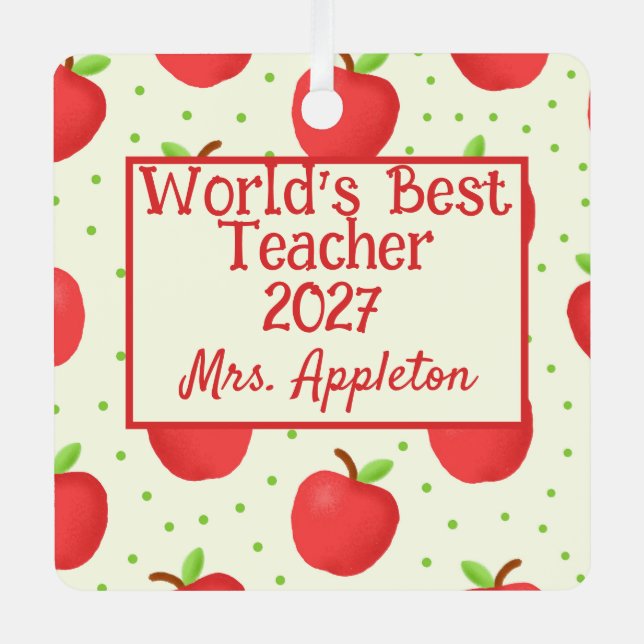 World's Best Teacher With Apple Accents custom Met Metal Ornament (Front)