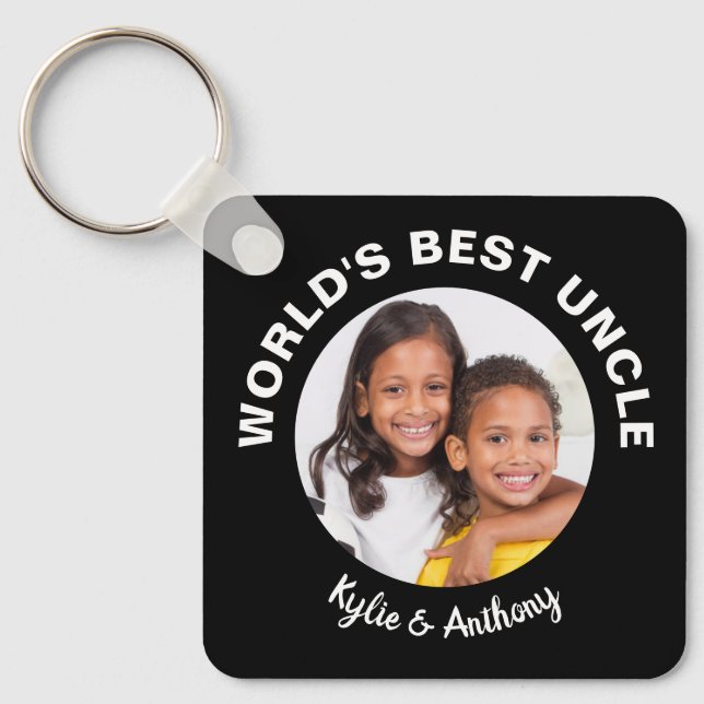 World's Best Uncle Custom Photo and Names Black Keychain (Front)