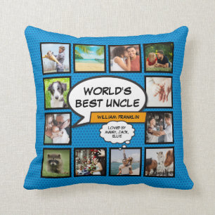 World's Best Uncle Fun Cool Blue Photo Collage Throw Pillow