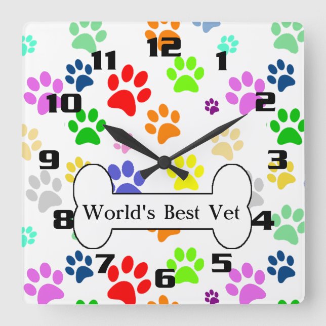 world's best vet Colourful Pet Paws Square Wall Clock (Front)