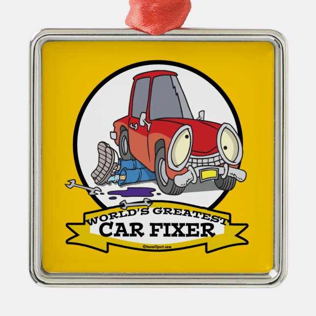 WORLDS GREATEST CAR FIXER CARTOON METAL ORNAMENT (Front)