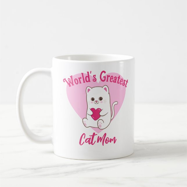 World's Greatest Cat Mom Funny Cute Pink Heart Coffee Mug (Left)
