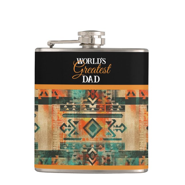 World's Greatest Dad Aztec Native American Style Hip Flask (Front)