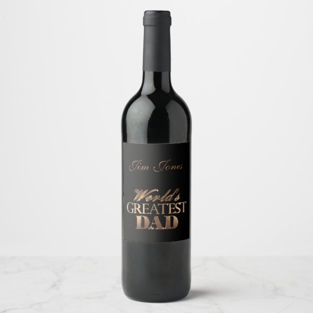 World's Greatest Dad Elegant Black and Gold Text Wine Label (Front)