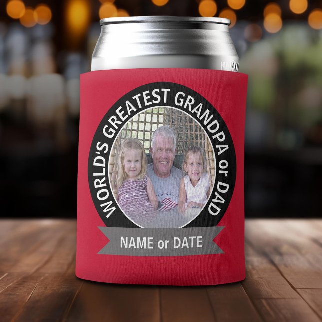 World's Greatest Dad Grandpa Photo red black Can Cooler (Custom Can Cooler)