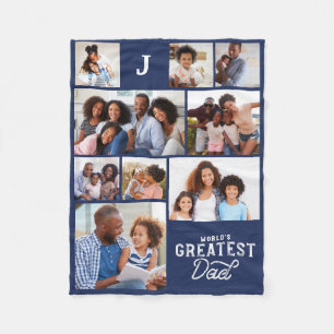 Worlds Greatest Dad Monogram Photo Grid Collage Fleece Blanket