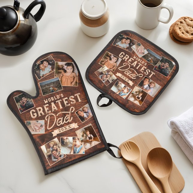 World's Greatest Dad Woodgrain Nine Photo Collage Oven Mitt & Pot Holder Set (World's Greatest Dad Woodgrain Nine Photo Collage Oven Mitt & Pot Holder Set)