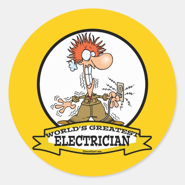 WORLDS GREATEST ELECTRICIAN MEN CARTOON CLASSIC ROUND STICKER (Front)