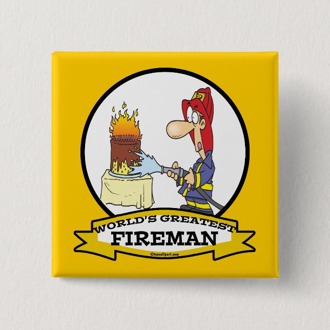 WORLDS GREATEST FIREMAN MEN CARTOON 2 INCH SQUARE BUTTON (Front)