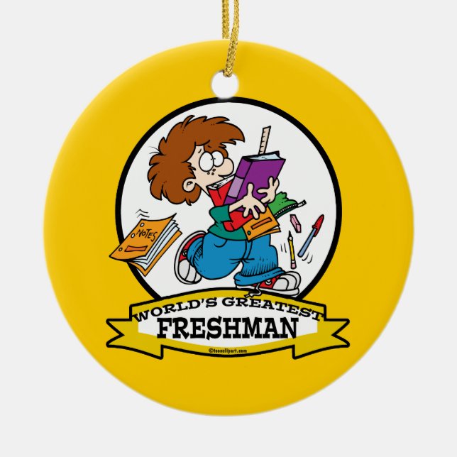 WORLDS GREATEST FRESHMAN BOY CARTOON CERAMIC ORNAMENT (Front)