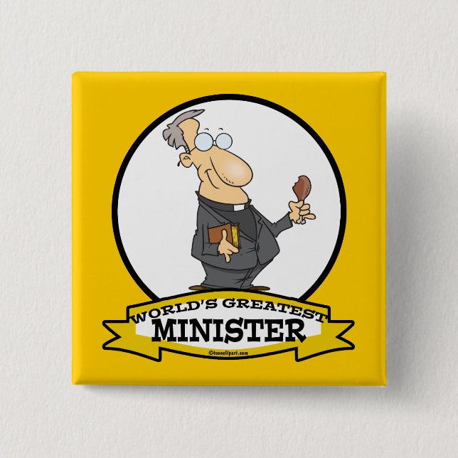 WORLDS GREATEST MINISTER CARTOON 2 INCH SQUARE BUTTON (Front)