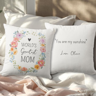 World's Greatest Mom Custom Quote Colourful Floral Throw Pillow