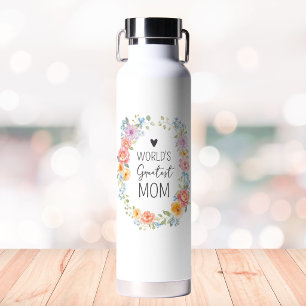 World's Greatest Mom Custom Quote Colourful Floral Water Bottle