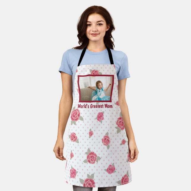 World's Greatest Mom Floral Photo Adult Apron (Worn)