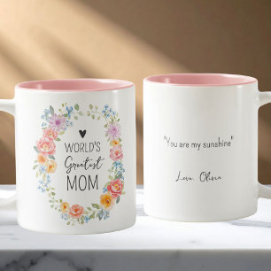 World's Greatest Mom Personalized Quote Floral Two-Tone Coffee Mug