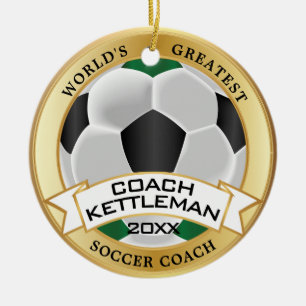 World's Greatest Soccer Coach Green, Black, White Ceramic Ornament