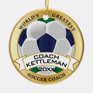 World's Greatest Soccer Coach Green, Blue, White Ceramic Ornament