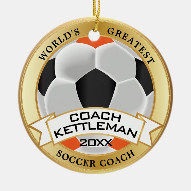 World's Greatest Soccer Coach Orange, Black, White Ceramic Ornament (Front)