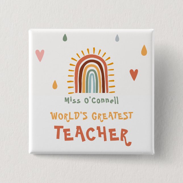 World's Greatest Teacher Gift Boho Rainbow 2 Inch Square Button (Front)