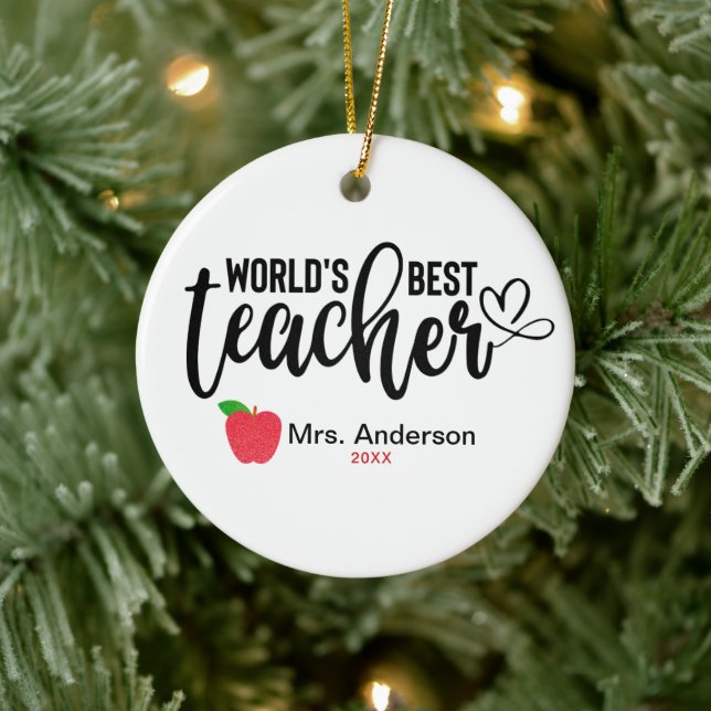 Worlds Greatest Teacher Glitter Apple Personalized Ceramic Ornament (Tree)