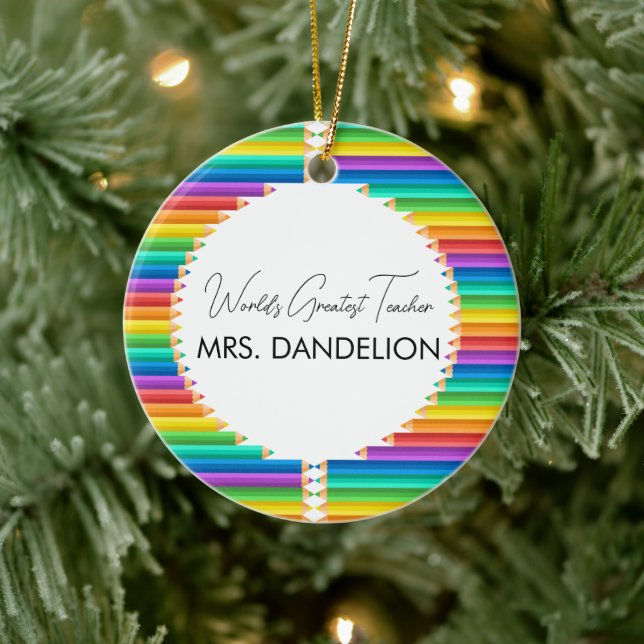 Worlds Greatest Teacher Rainbow Crayons School Ceramic Ornament (Tree)