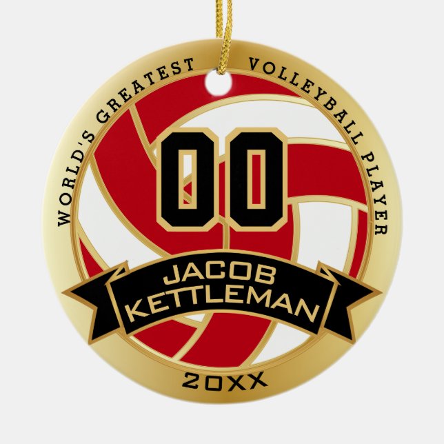 World's Greatest Volleyball Player Red and Gold Ceramic Ornament (Front)