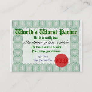 World's Worst Parker Bad Parking Award Certificate