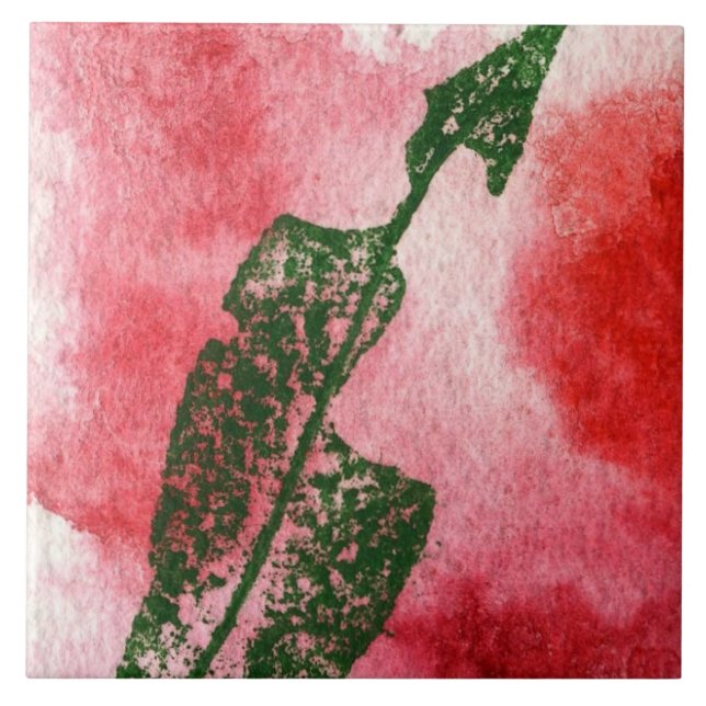 Worm eaten wild cherry leaf print in green on red tile (Front)
