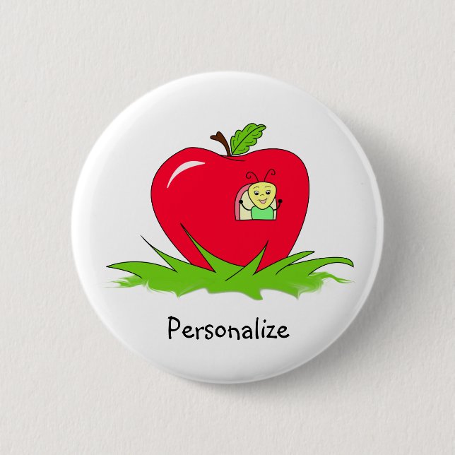 Worm In Red Apple With Name 2 Inch Round Button (Front)