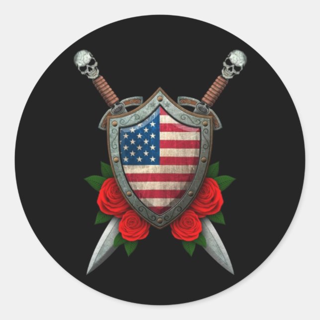 Worn American Flag Shield and Swords with Roses Classic Round Sticker (Front)