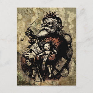 Worn and Spattered Santa Illustration Holiday Postcard