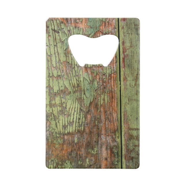Worn and Weathered Green Paint Wallet Bottle Opener (Front)